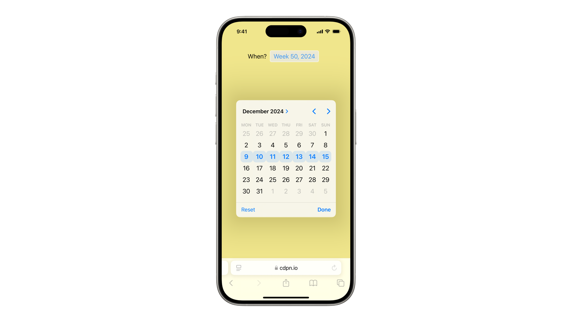 iPhone with a calendar showing on a webpage, with UI for selecting a week at a time