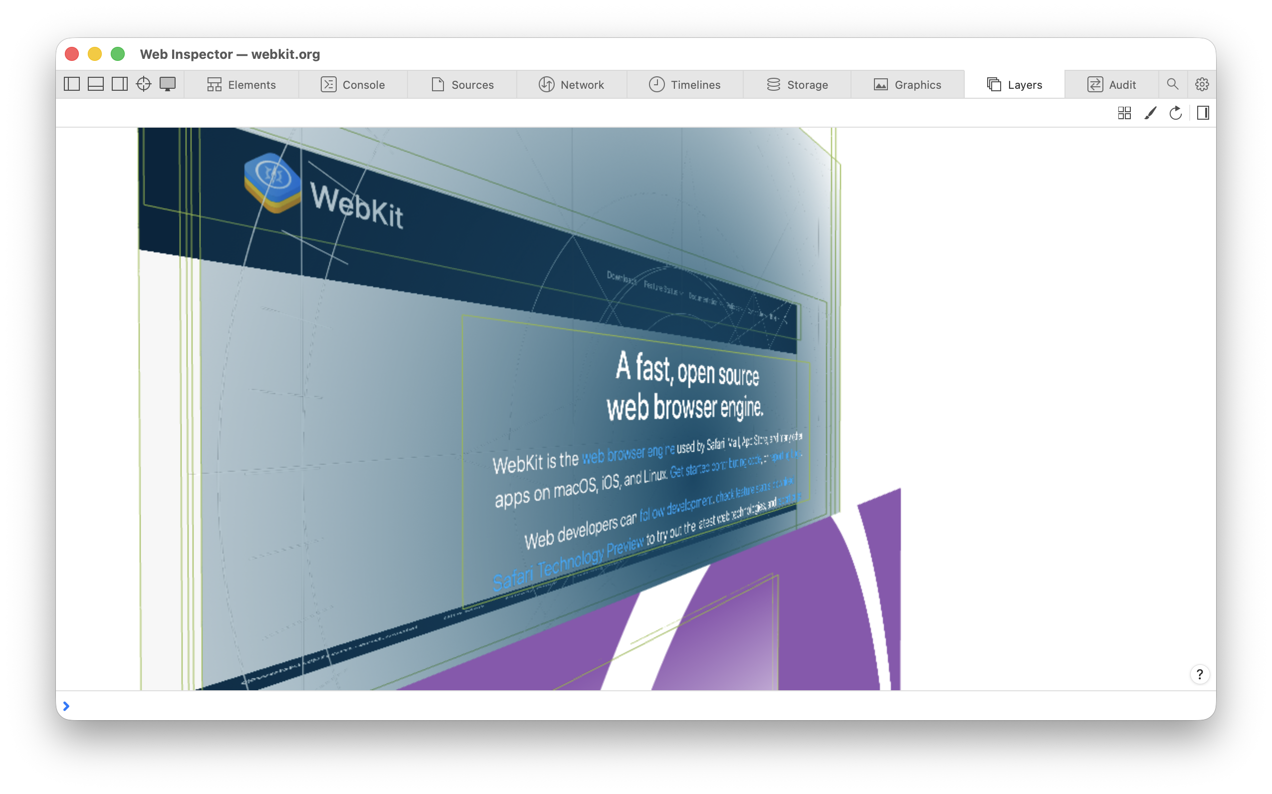 The Web Inspector Layers tab, showing a webpage turned in #D space, with the separate layers of the site stacked translucently on top of each other