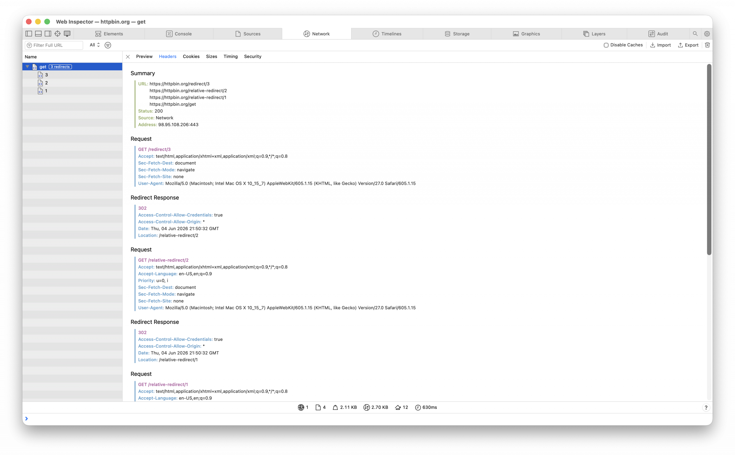 The network tab in Web Inspector showing three redirects.