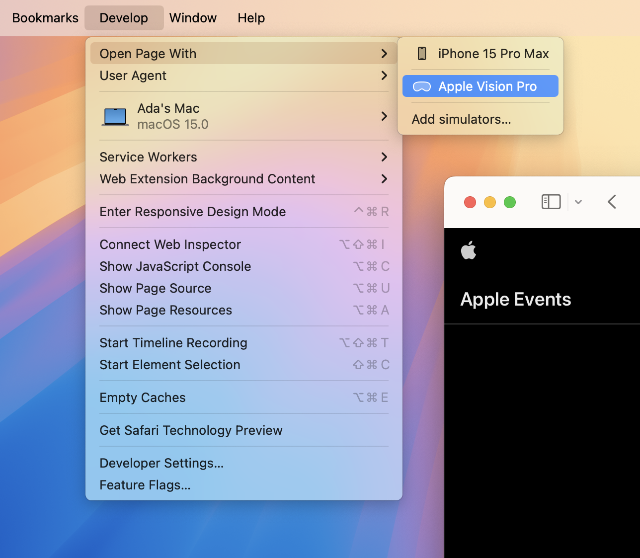 Develop menu showing the Open Page With menu selected with Apple Vision Pro sub-menu option selected.