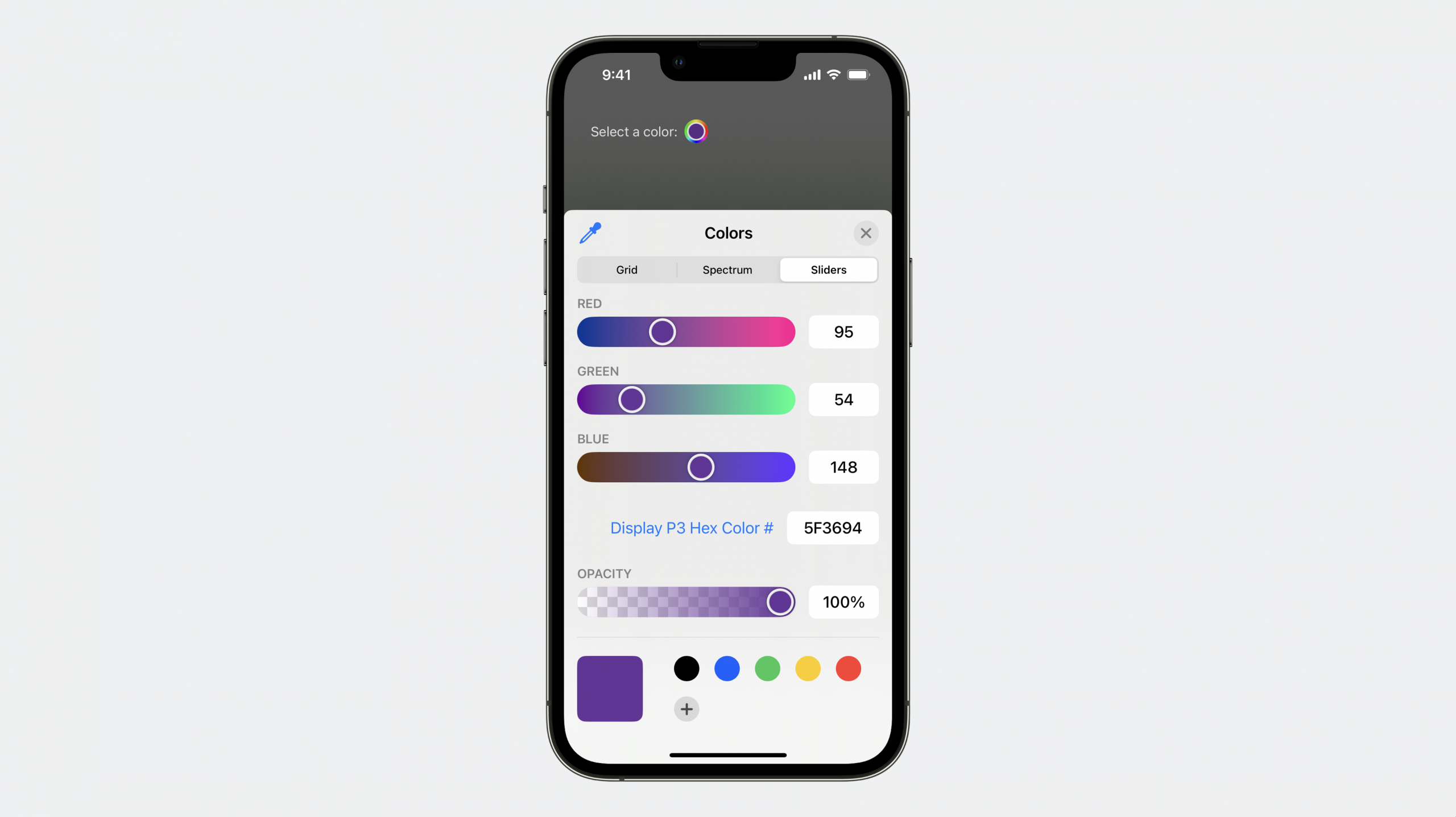 iPhone showing a color picker. Three sliders provide options for red, green, blue. The Display P3 Hex Color number is in an editable box. And there's a slider for opacity.