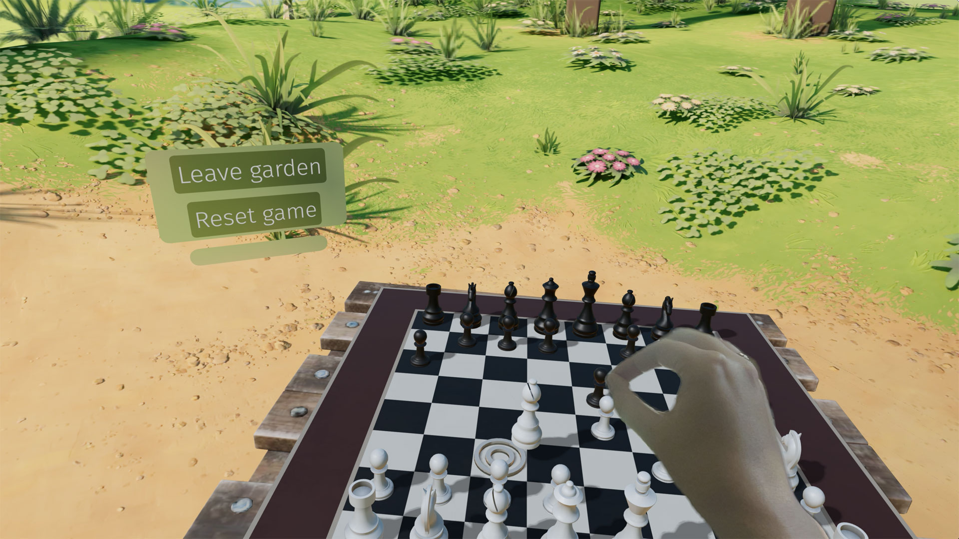 We are in a rendered 3d environment, in a garden. We look at a chess board, with a real human hand lifting a rendered chess piece to make the next move in the game. A floating panel has two buttons reading "Leave garden" and "Reset game".