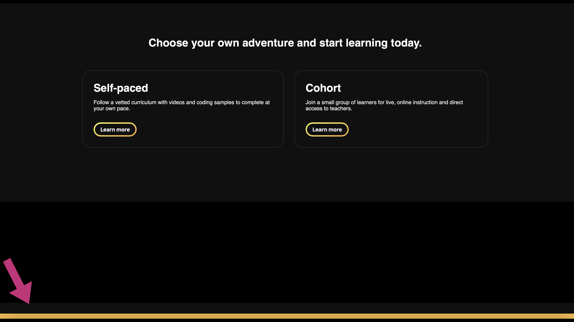 Full progress bar on coding school landing page with pink arrow pointing to bar.