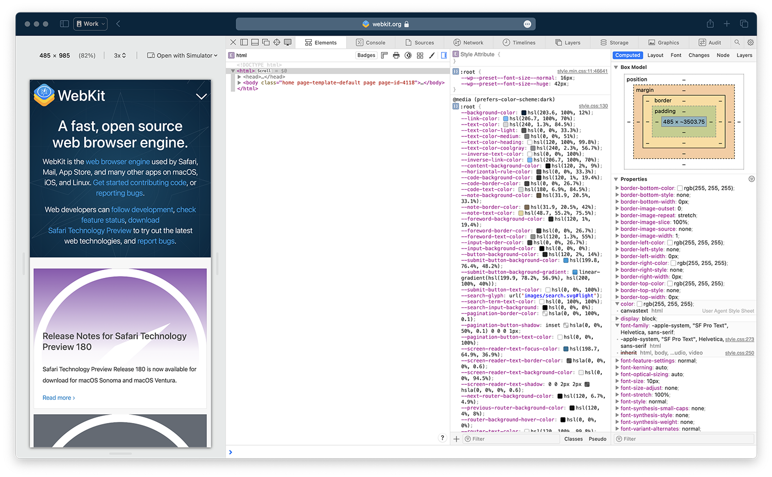Screenshot of webkit.org in Responsive Design Mode with Web Inspector docked to the right side of the window