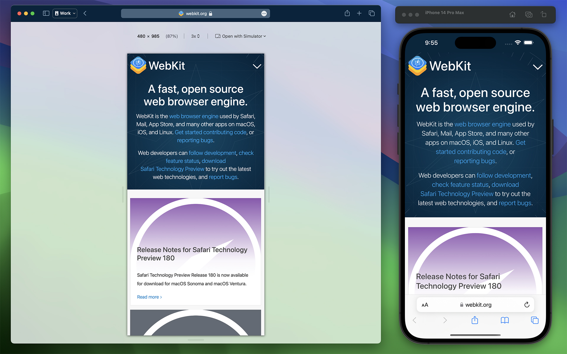 Screenshot of webkit.org in Responsive Design Mode alongside an iPhone 14 Pro Max simulator with webkit.org loaded in Safari