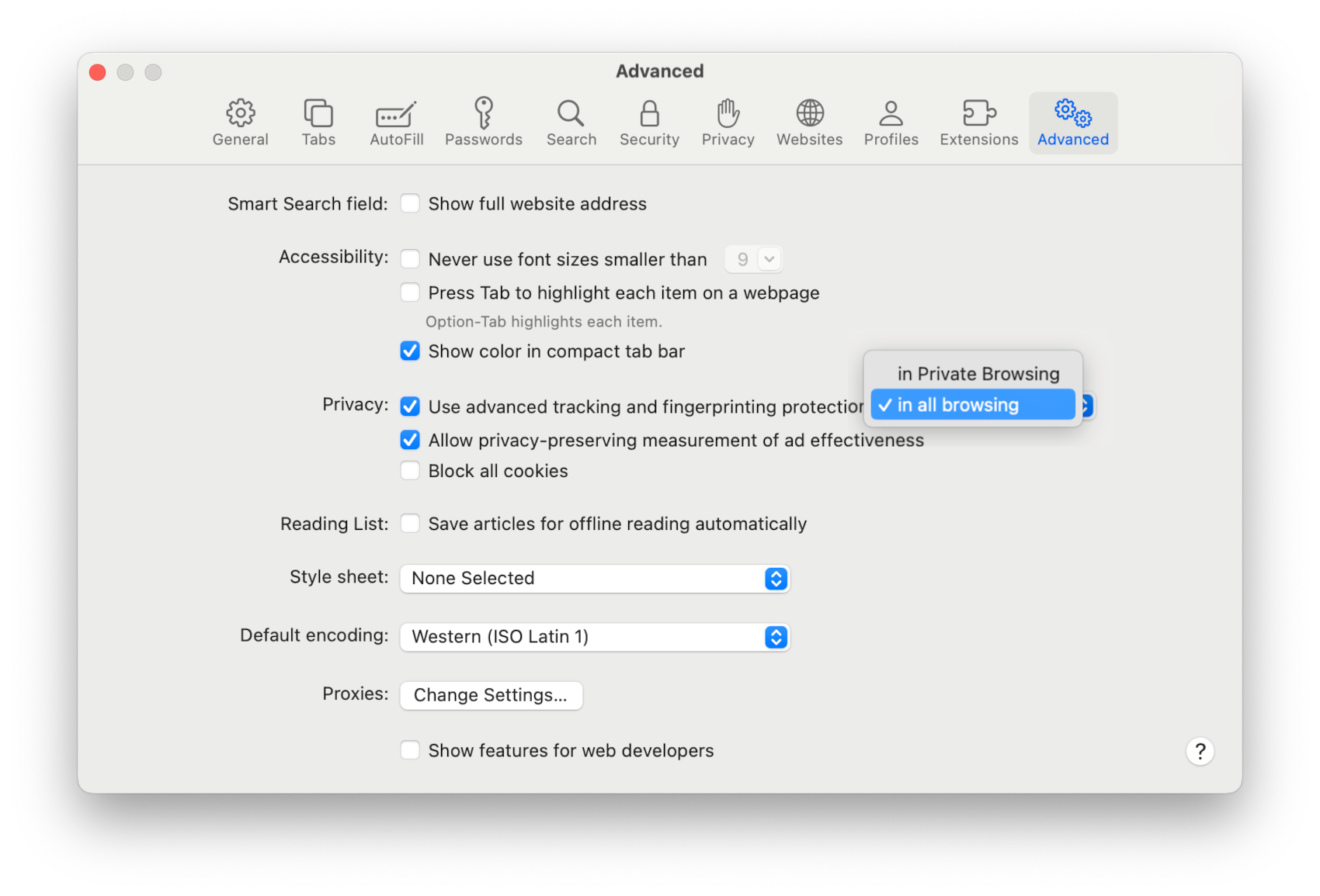 Safari Advanced Settings with "Use advanced tracking and fingerprinting protection in all browsing" selected