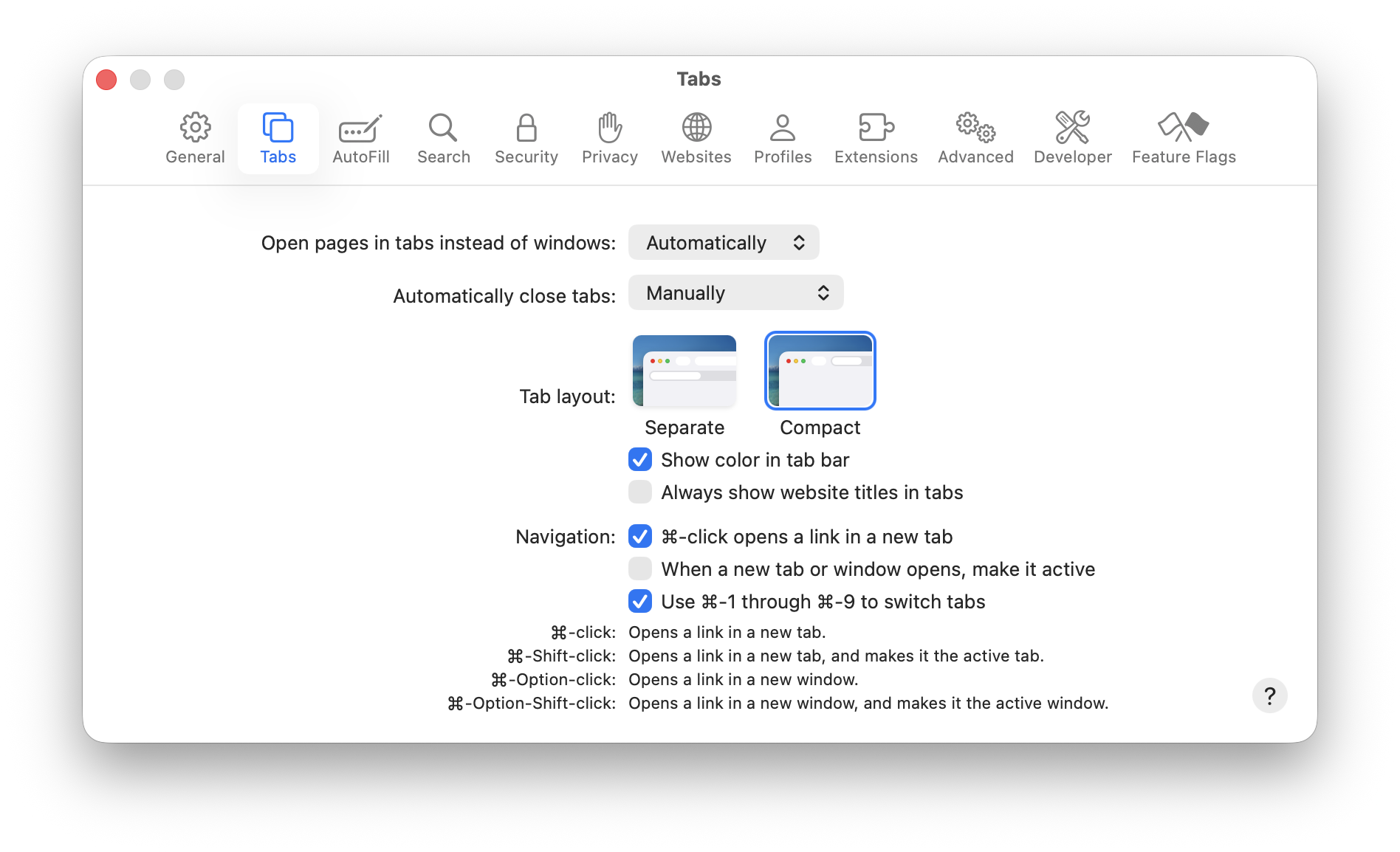 Safari settings panel, showing where to switch from Separate to Compact tabs.