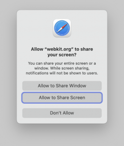 Screenshot of a dialog box asking "Allow "webkit.org" to share your screen?"