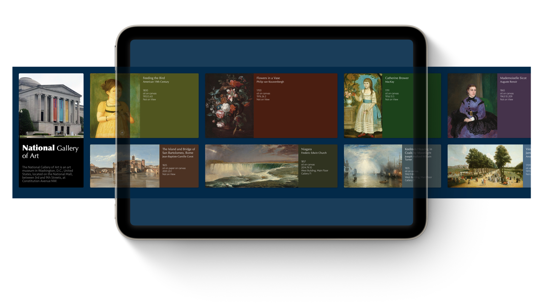 iPad with a layout of content flowing across it. Users will scroll it side to side. The content is a set of cards, each containing a painting and information about the painting. In this layout, every card is a rectangle, lining up in a columns as well as rows.