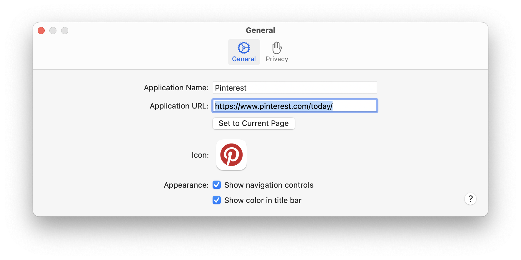 Settings panel for a web app. Showing the button to "Set to Current Page".