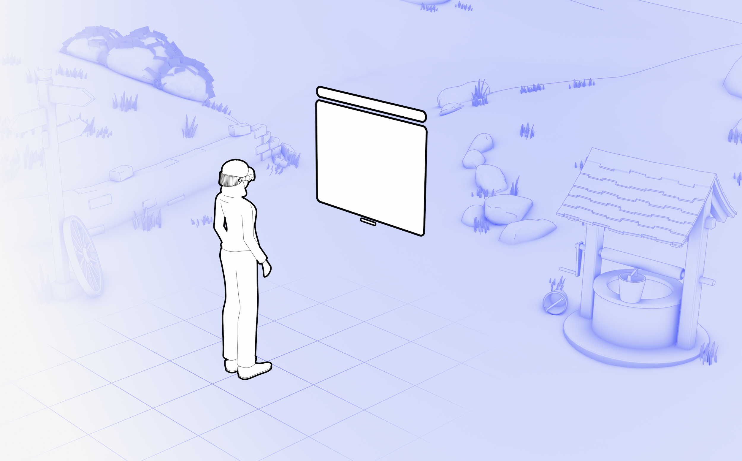 Illustration of woman wearing VisionPro standing in field facing screen.