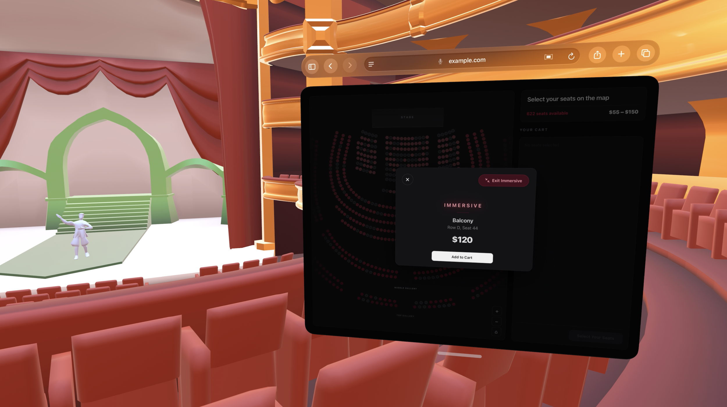 First person view of sitting in a virtual theater seat looking at a browser on the right and the stage to the left.
