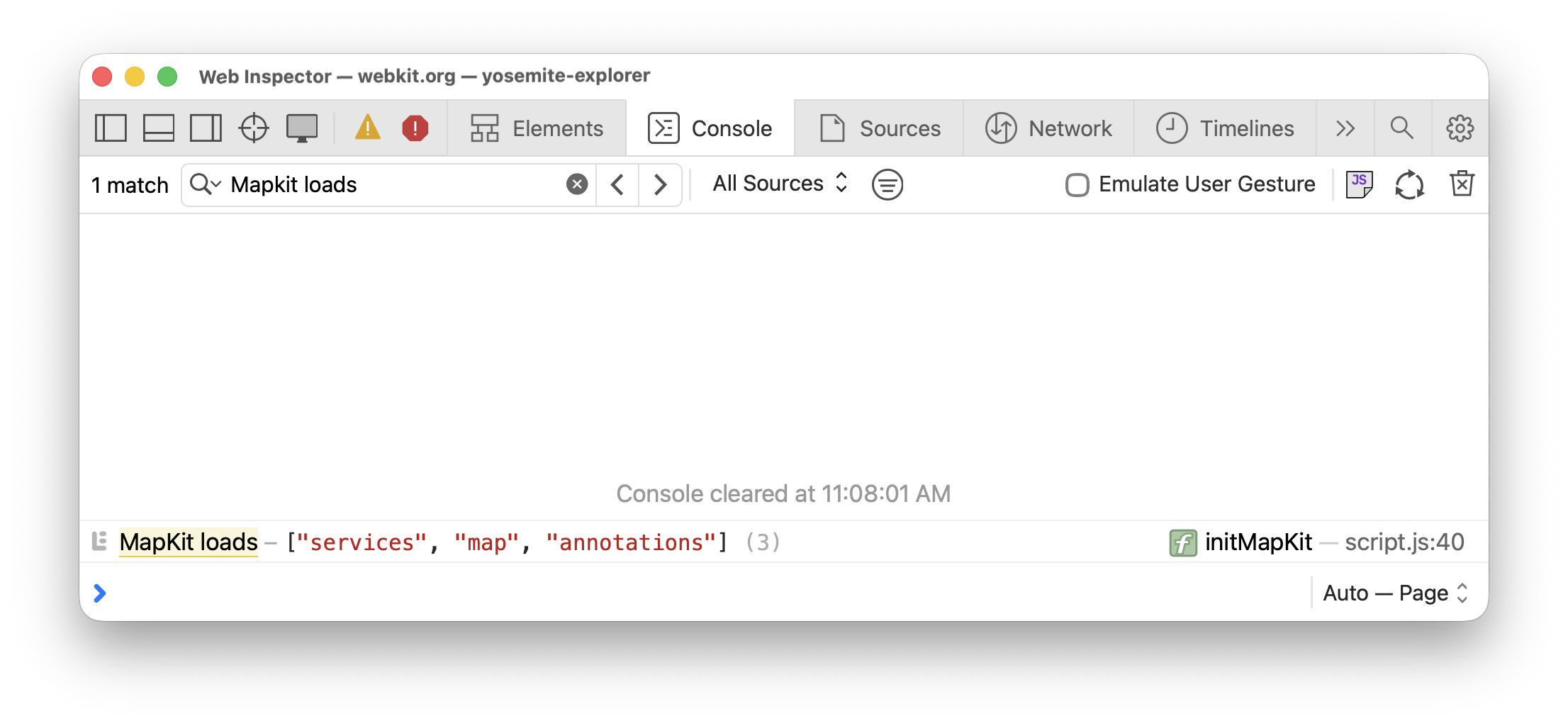screenshot of Web Inspector showing MapKit JS loads