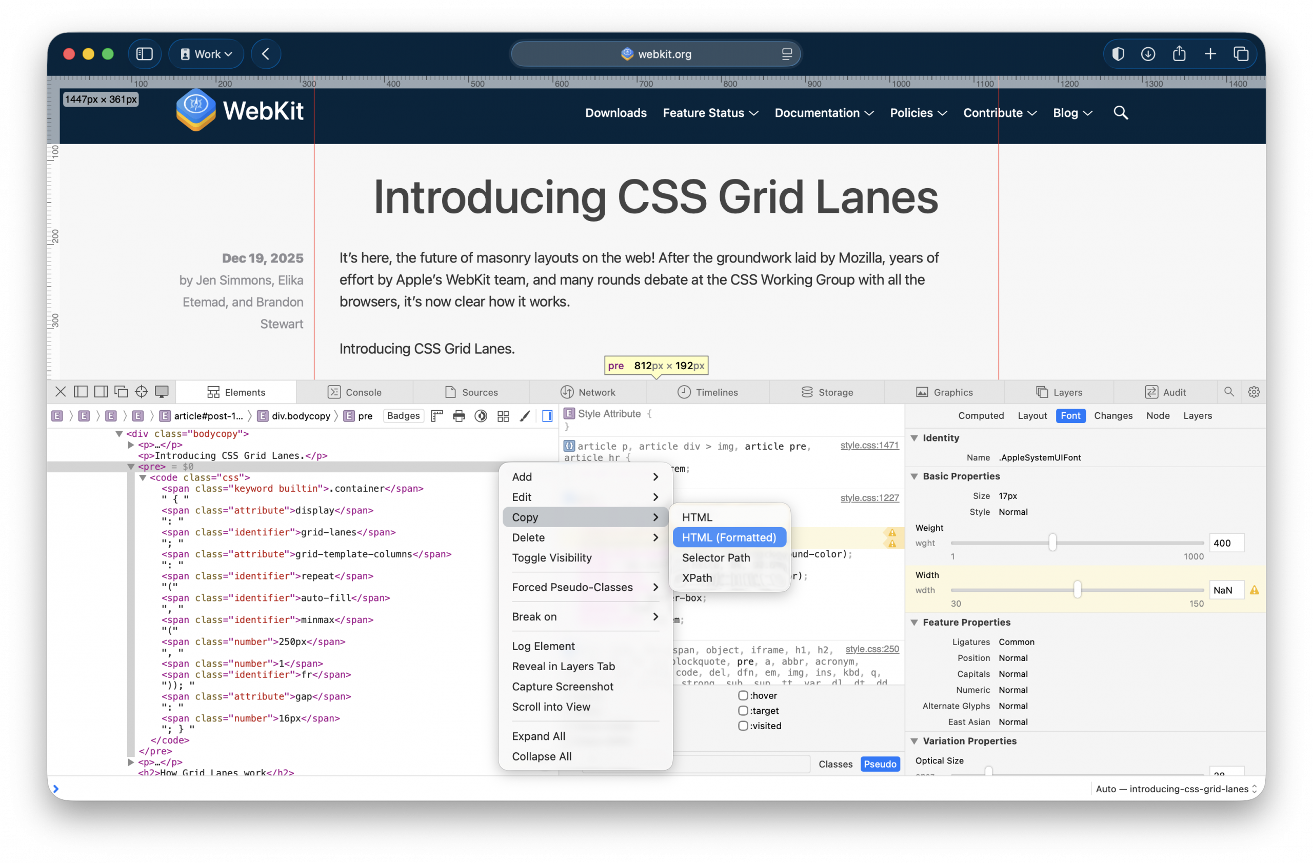 Web Inspector open on a website, with something in the DOM tree selected. The context menu is open, showing options, and Copy HTML (Formatted) is being chosen.