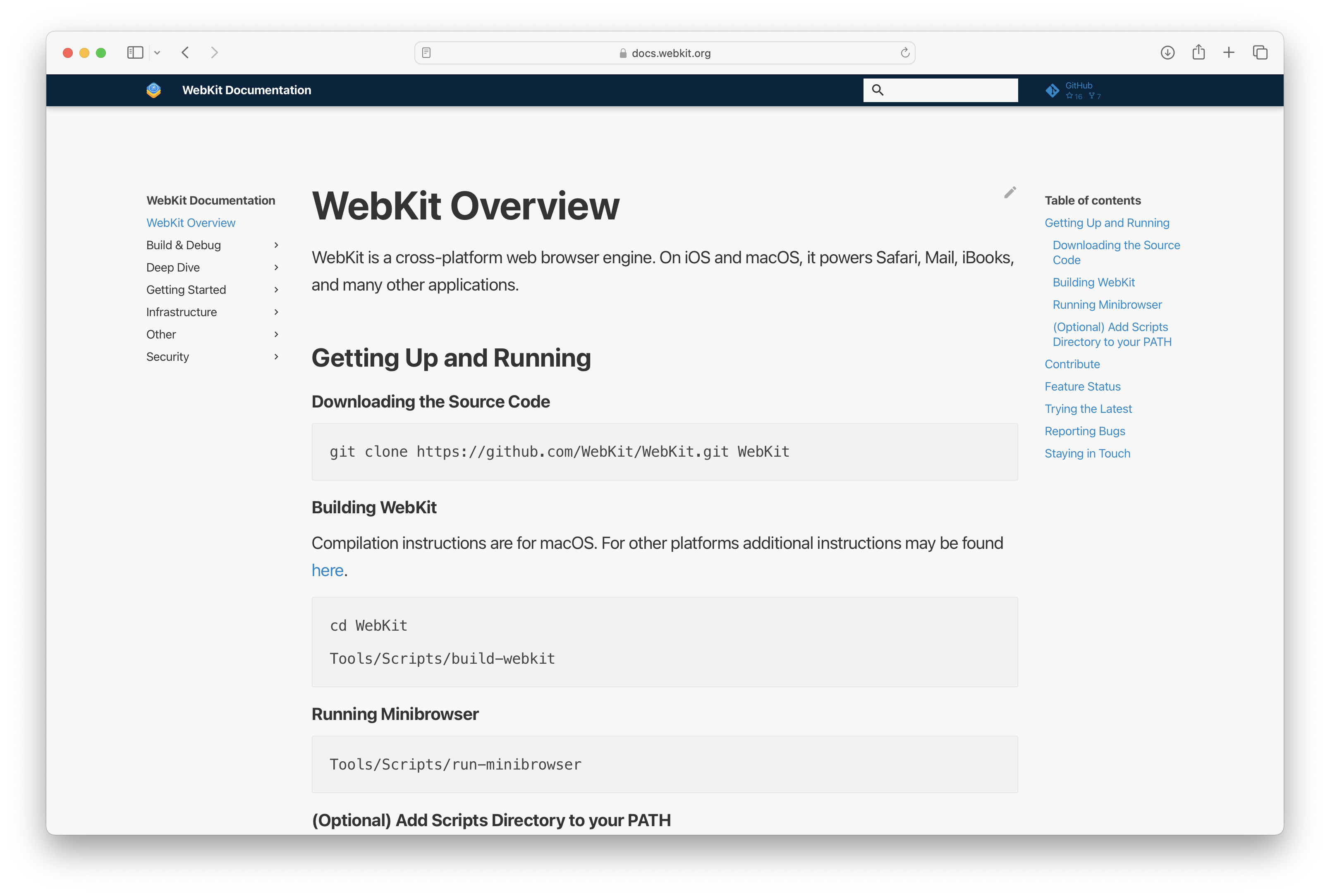 Screenshot of WebKit documentation using a light theme in Safari