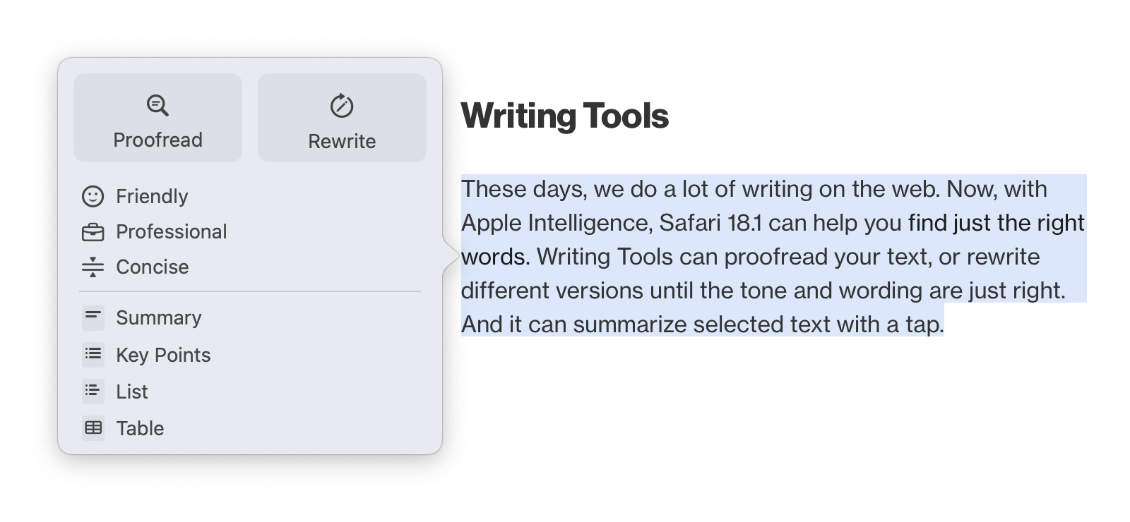 A paragraph of text in a web-based text editor, highlighted, with Writing Tools showing in a popover next to the paragraph. Writing Tools include: Proofread; Rewrite; make more Friendly, Professional, Concise; Summary, Key Points, List, Table.