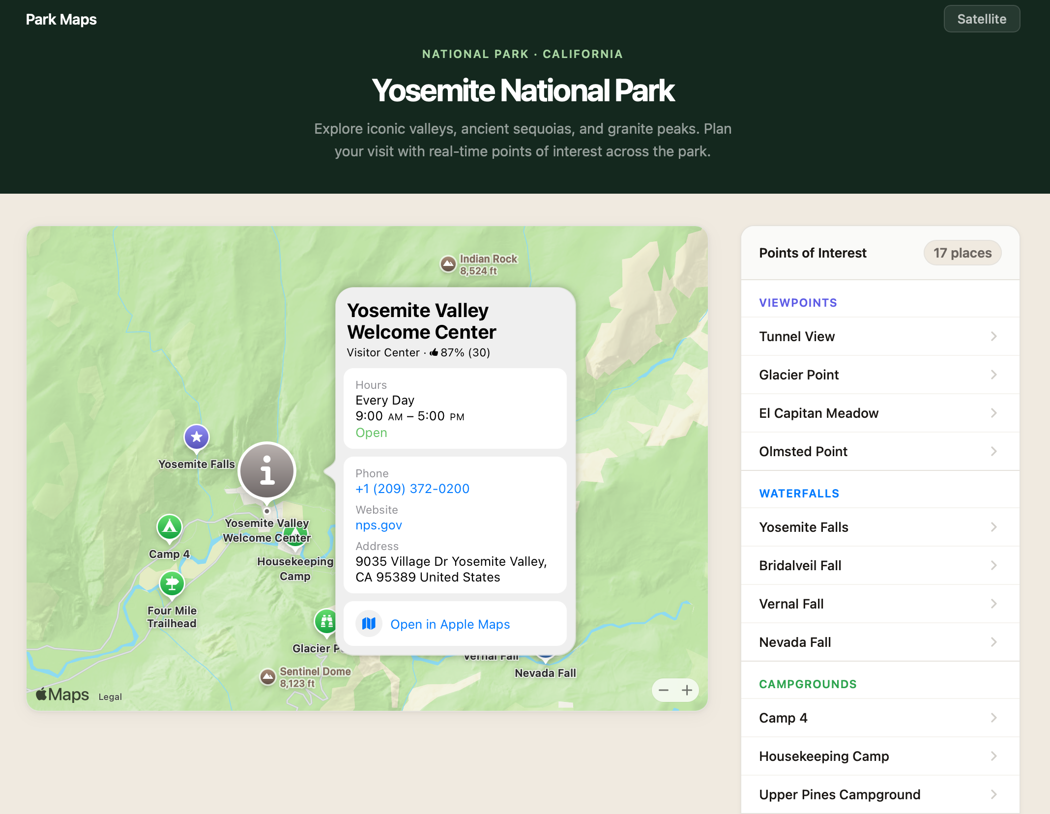 image, showing the full app: POIs marked on the map with one selected, showing place detail popover and driving directions